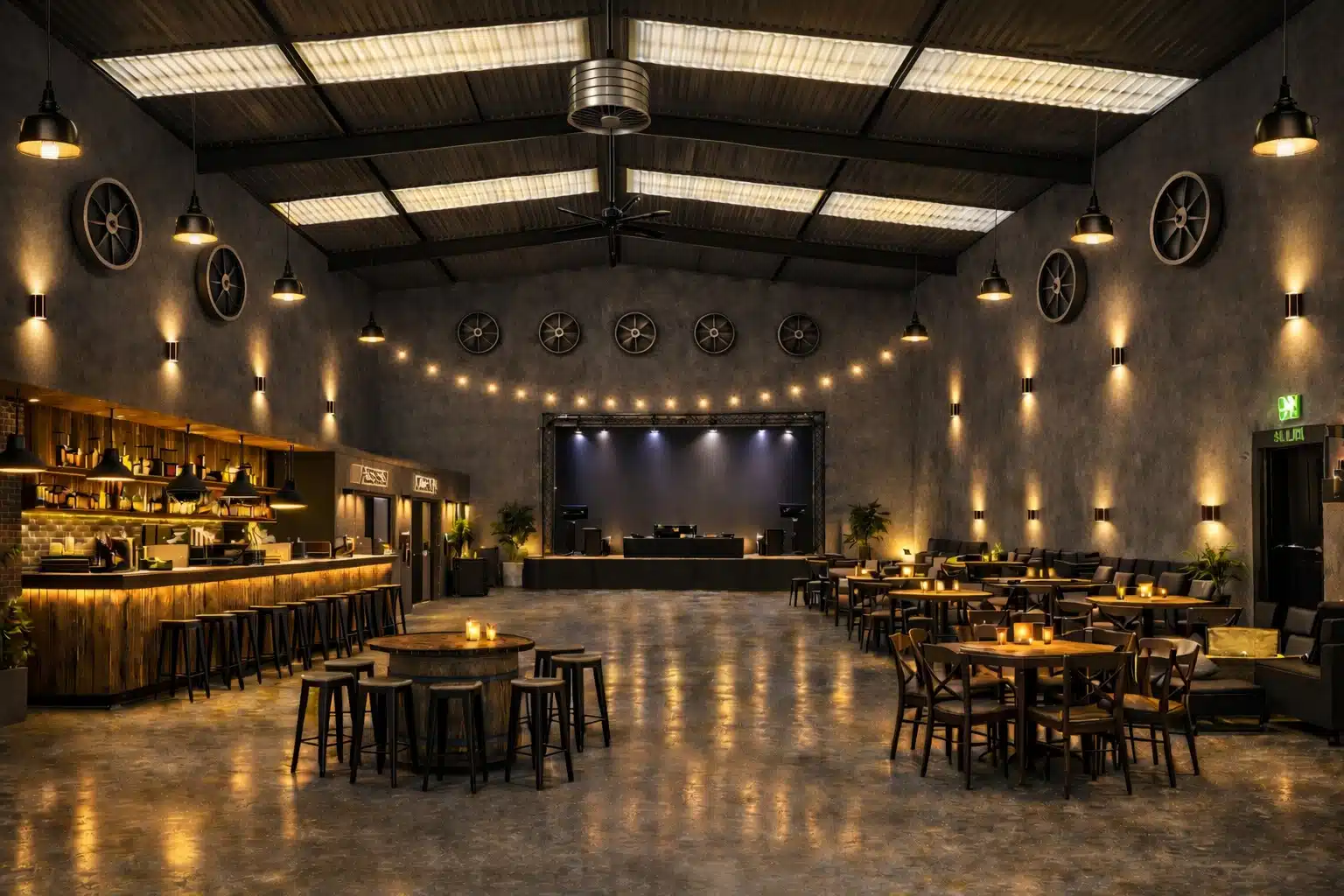 Escenario con equipo de DJ y sonido preparado para un evento en LA NAVE 77, Málaga