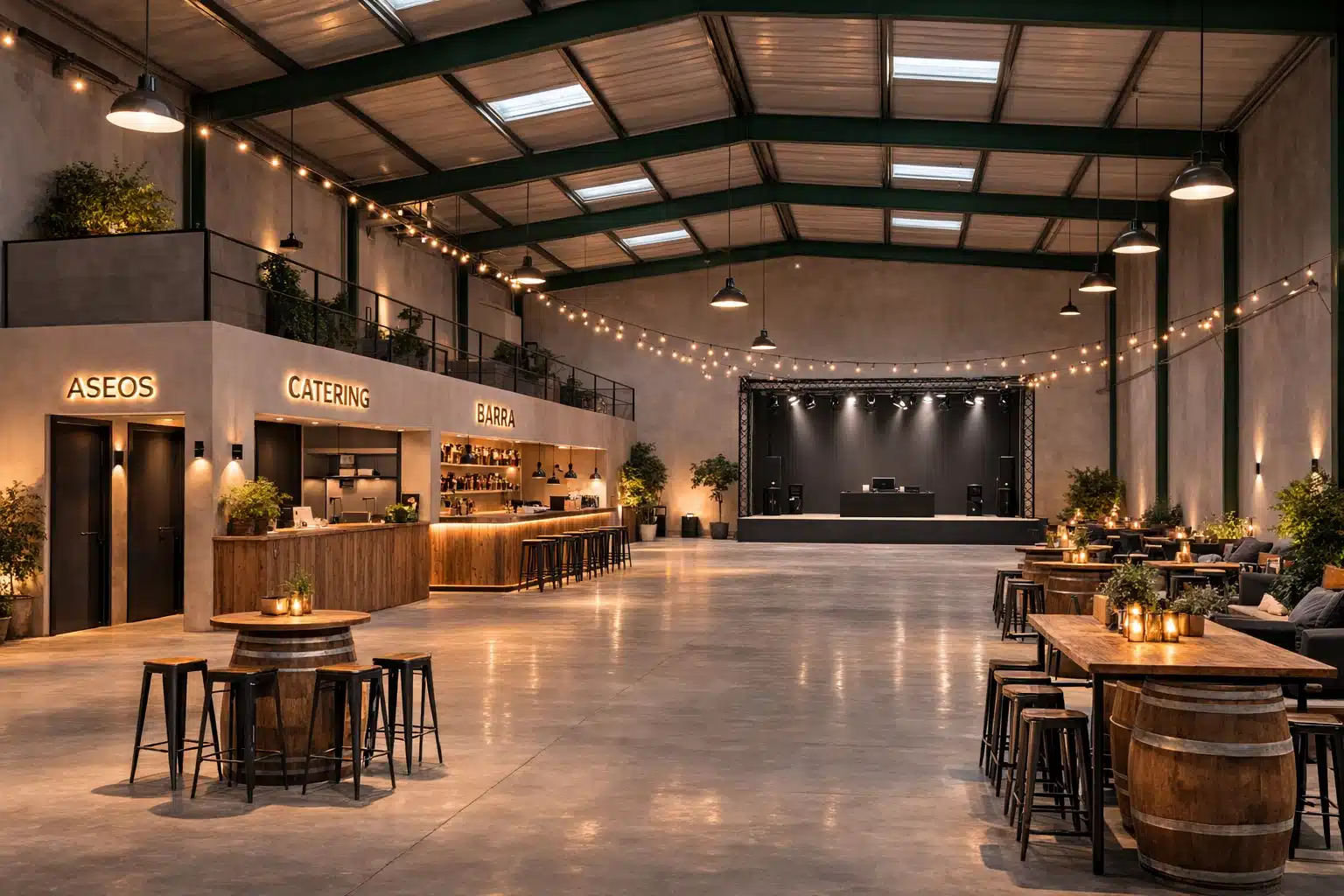 Salón de eventos de LA NAVE 77 en Málaga con barra de madera, mesas de barril y escenario al fondo