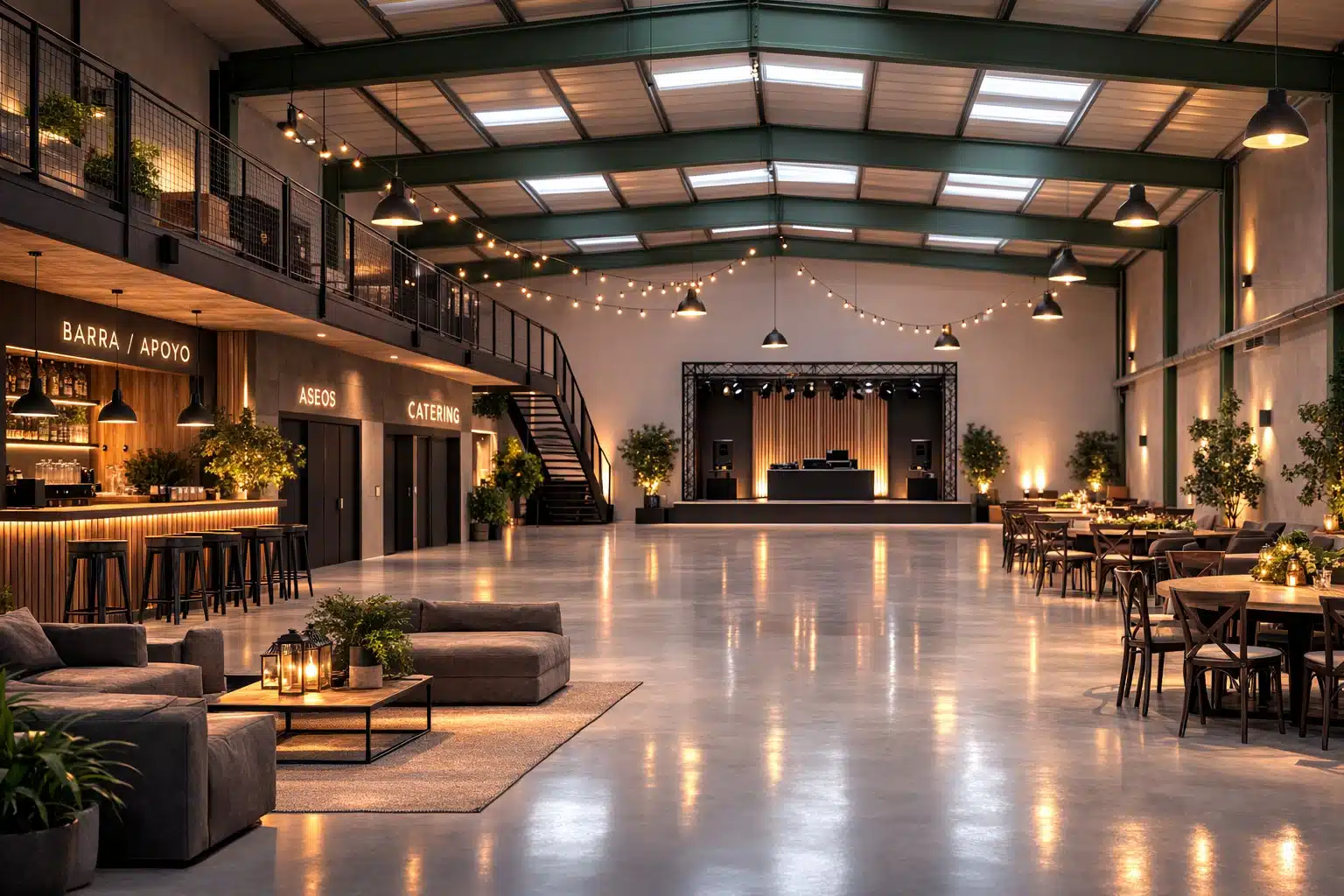 Zona lounge con sofás, barra de apoyo y escalera en LA NAVE 77